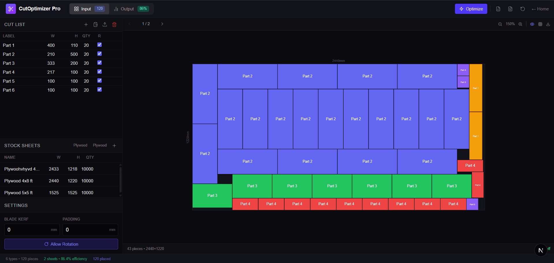 CutOptimizer Application - 2D Cutting Optimization Interface